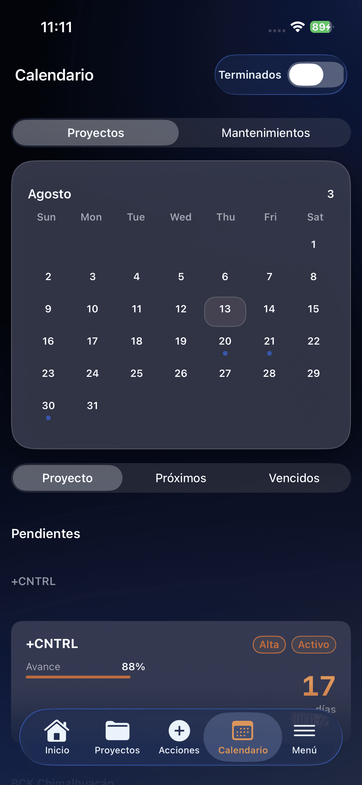 Pantalla de Calendario - +CNTRL