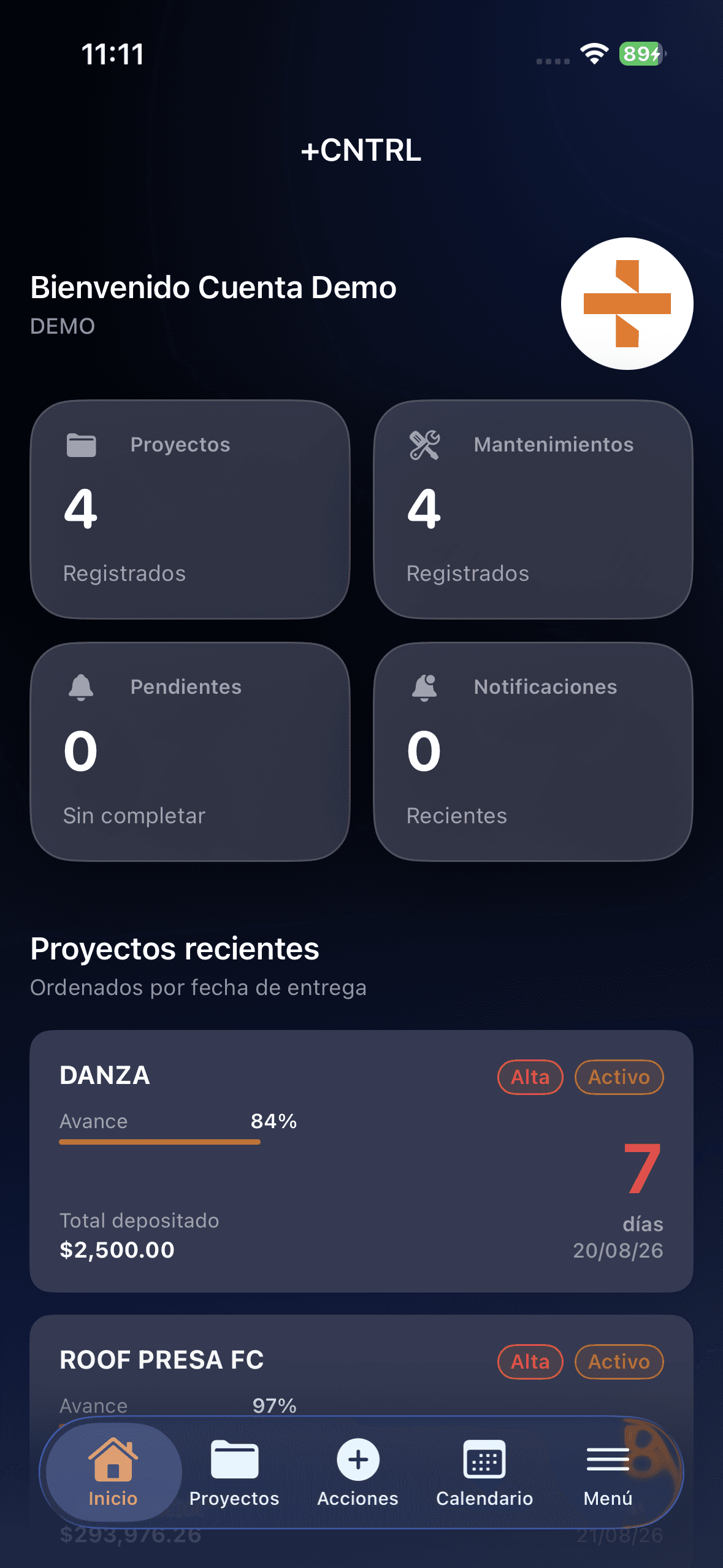 Pantalla de Inicio - +CNTRL