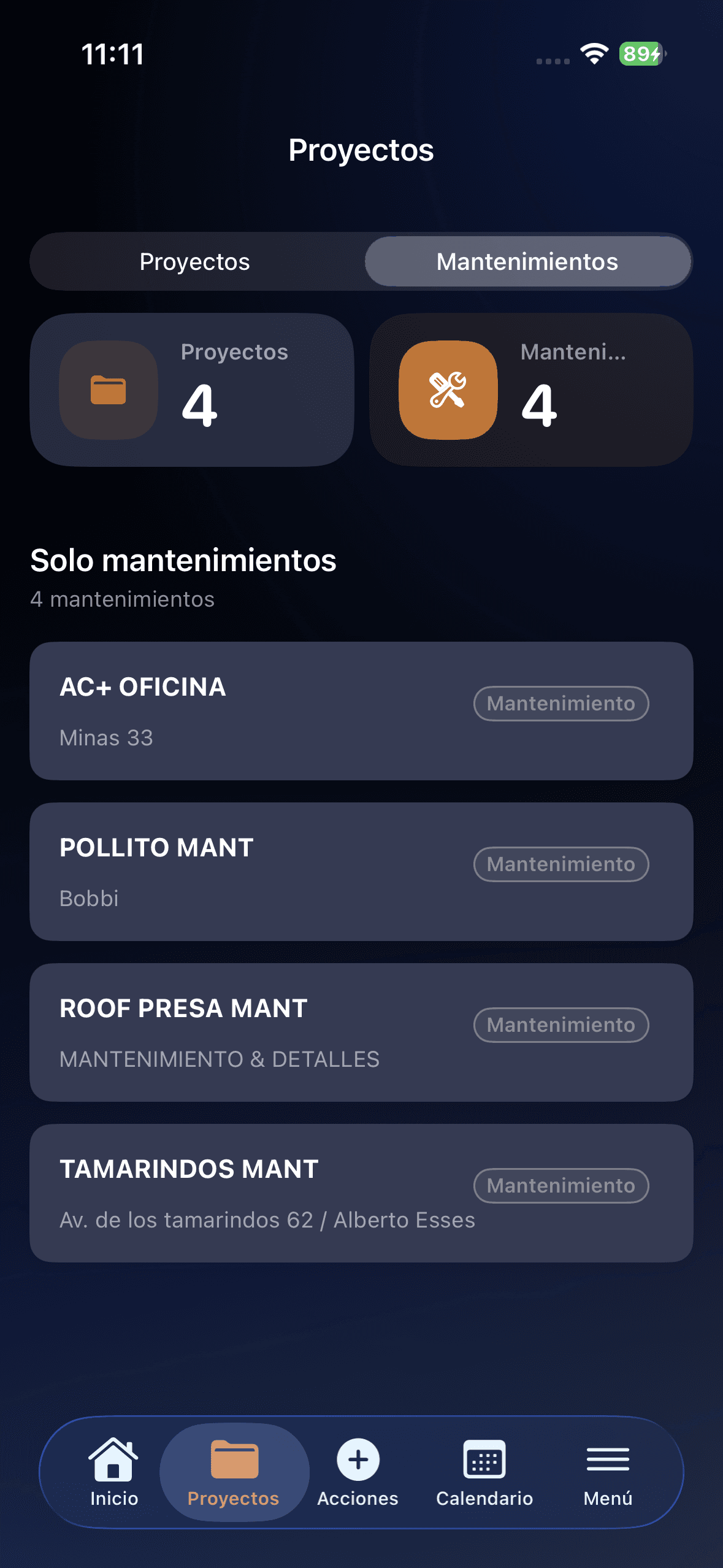 Pantalla de Mantenimientos - +CNTRL