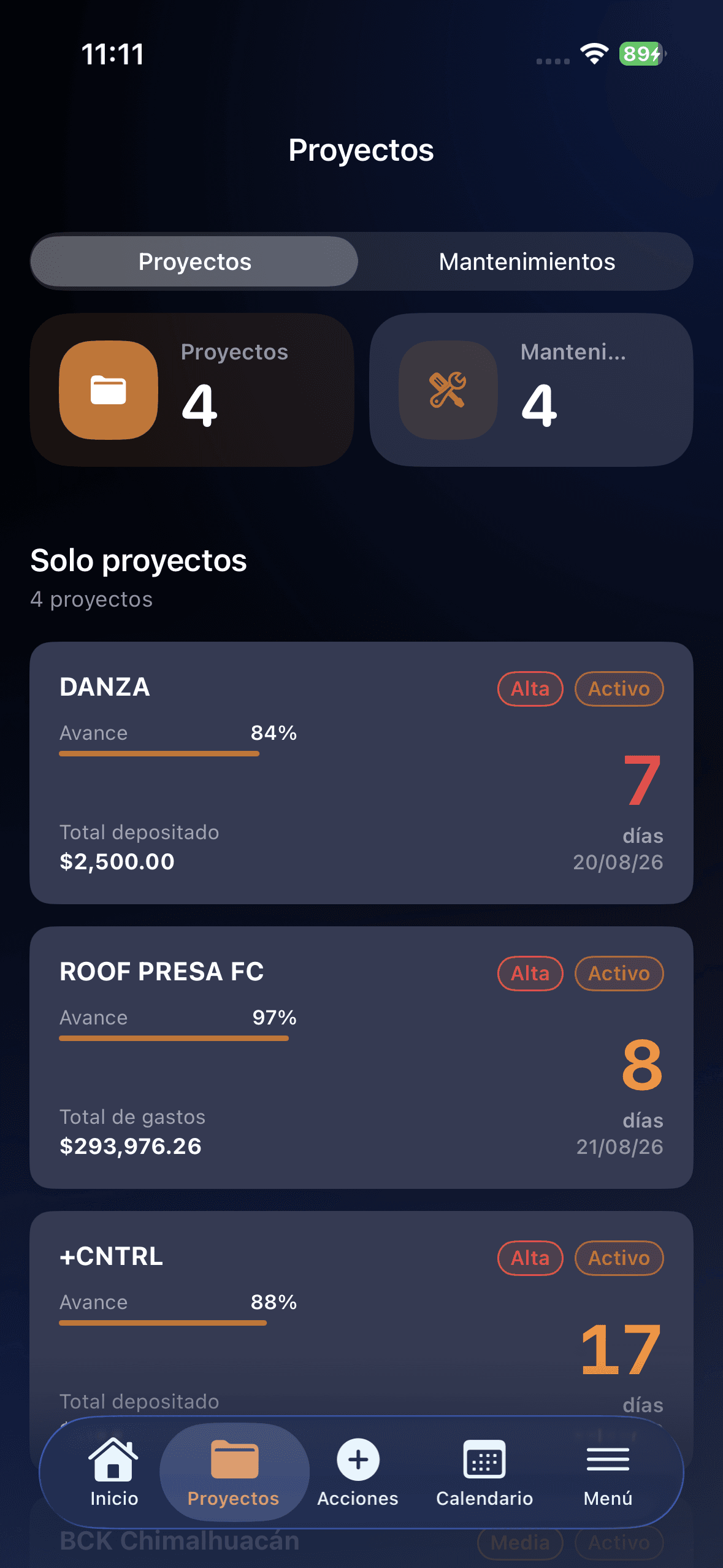 Pantalla de Proyectos - +CNTRL